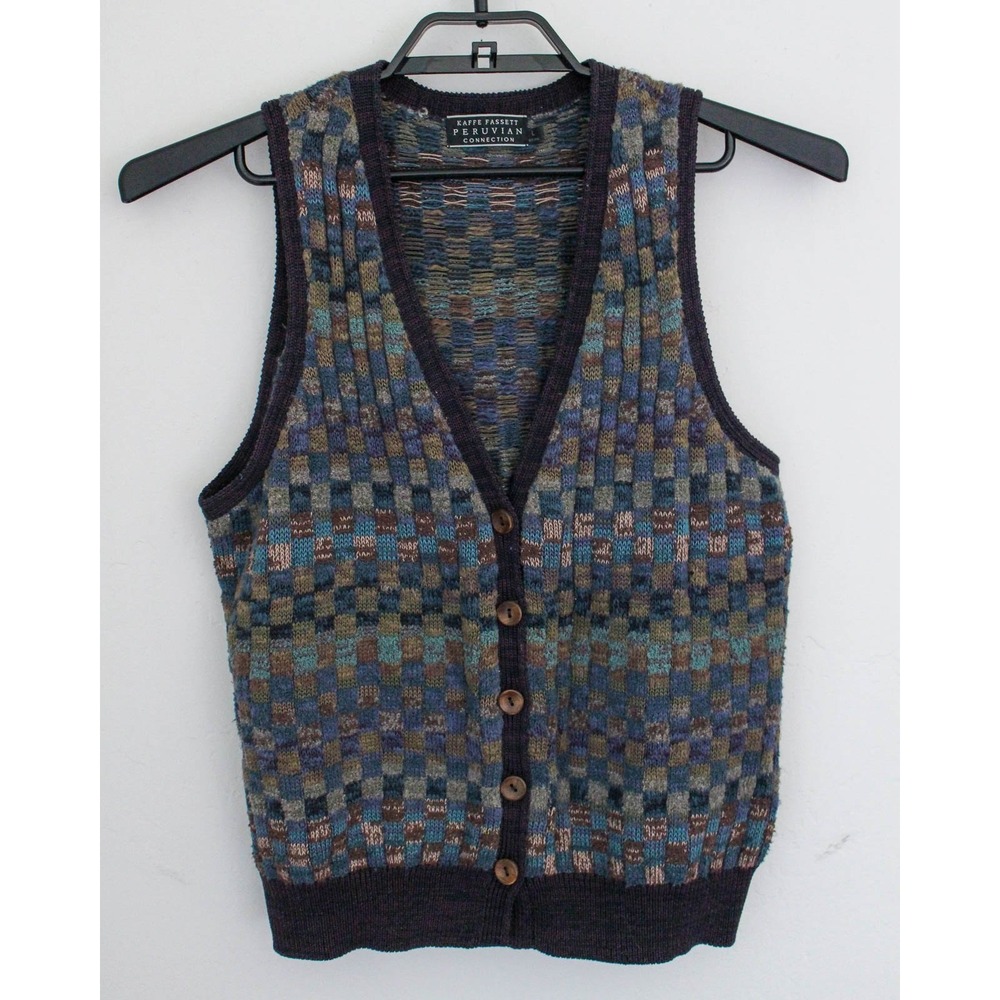 Peruvian Connection Kaffe Fassett Vest Large Blue Checker Knit Button Up Sweater